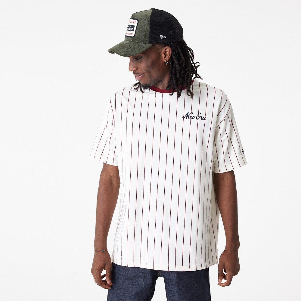 New Era Pinstripe Over Sized Tee Off White/Cardinal - LOKK