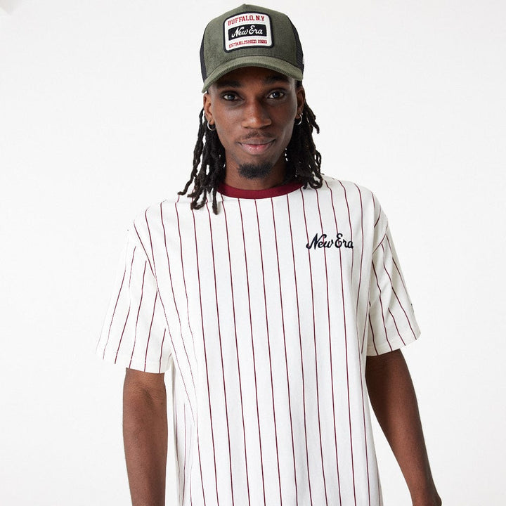 New Era Pinstripe Over Sized Tee Off White/Cardinal - LOKK