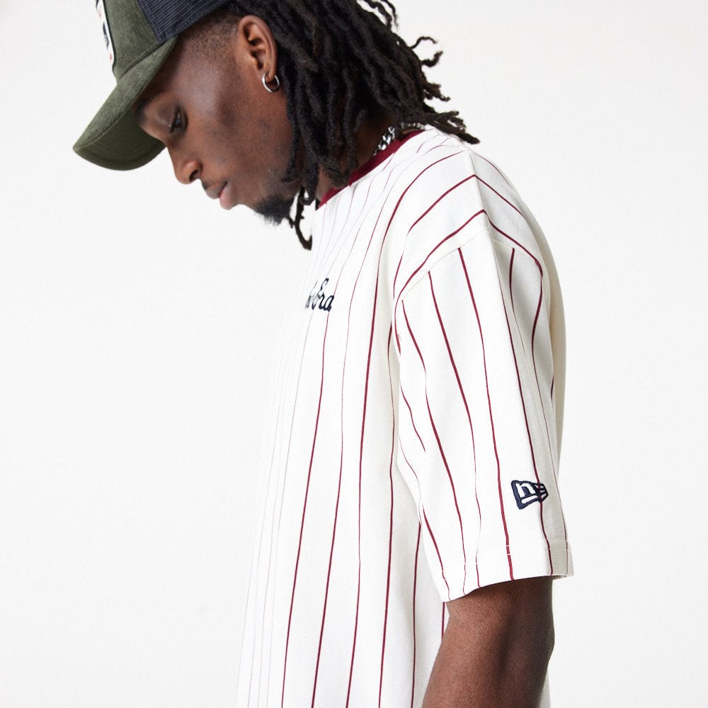 New Era Pinstripe Over Sized Tee Off White/Cardinal - LOKK