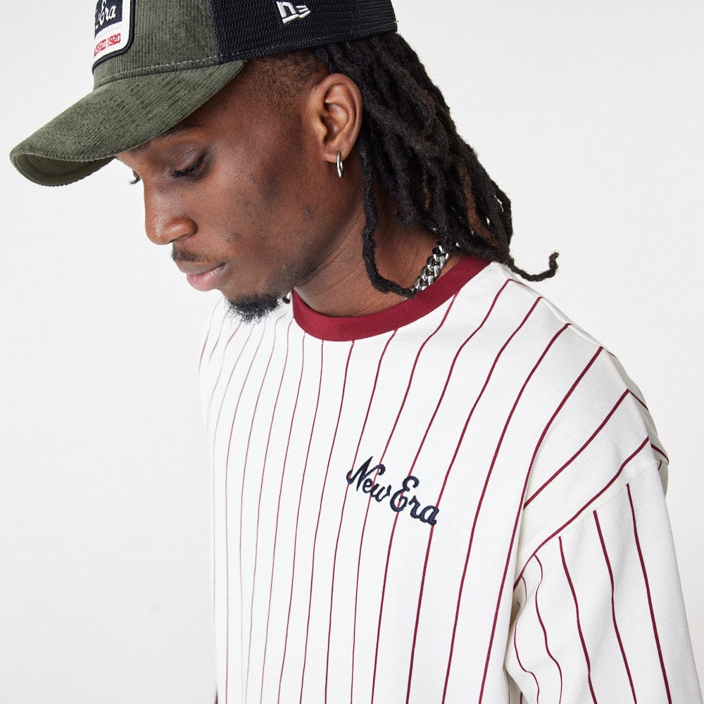 New Era Pinstripe Over Sized Tee Off White/Cardinal - LOKK