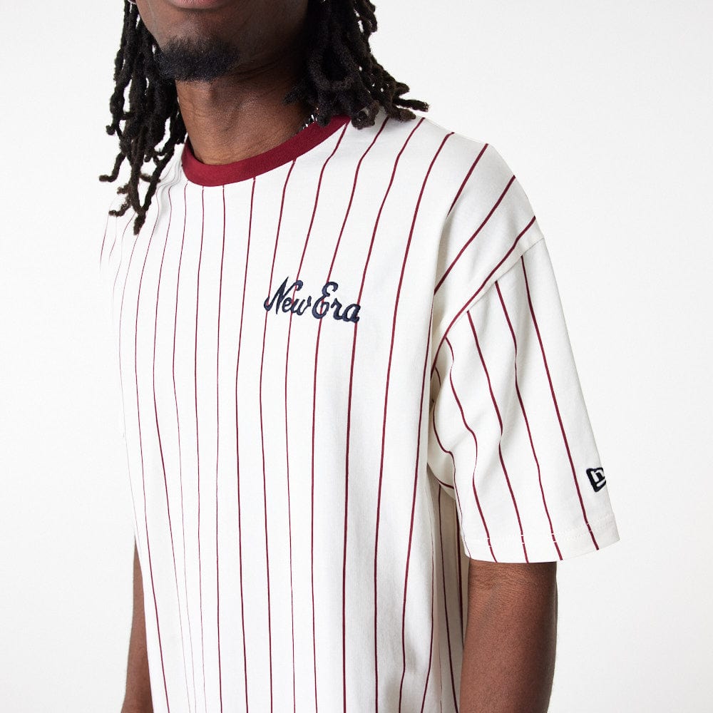 New Era Pinstripe Over Sized Tee Off White/Cardinal - LOKK